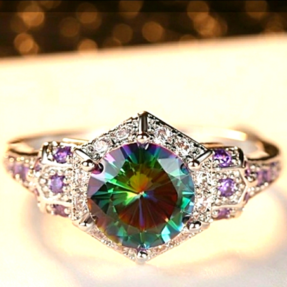 Sterling Silver Fire Rainbow Amethyst Hexagon Ring
